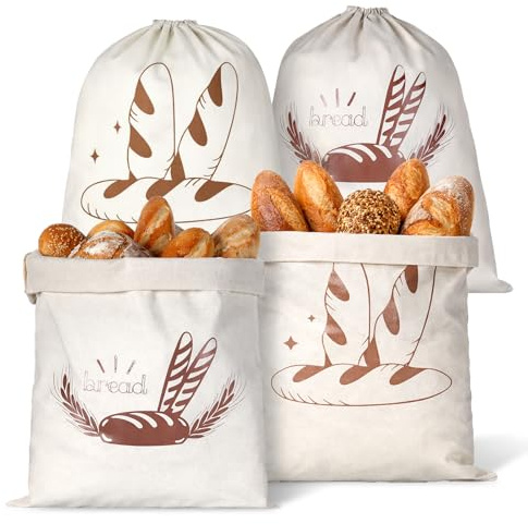 JJUNW 4 Pack Linen Bread Bags, 40cm x 30cm Reusable Bread Bag to Keep Fresh | Drawstring Linen Homemade Bread-Bag for Homemade Breads Food Storage Bag
