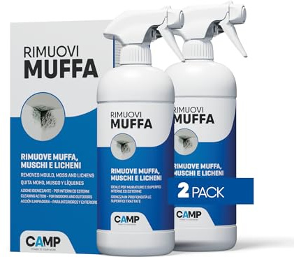CAMP Rimuovi Muffa - Antimuffa per Muri Interni ed Esterni ad Azione Rapida, Spray Antimuffa Igienizzante Pronto all'Uso, Ideale per Rimuovere Muffe, Muschi e Funghi - Prodotti Pulizia Casa, 2x750 ml