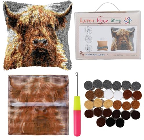 Latch Hook Cushion Kits for Adults 17x17 Inch 3D DIY Pre-Printed Canvas Latch Hook Kit with Acrylic Yarn & Crochet Hooks Handmade Throw Pillow Cover Embroidery Craft for Beginners, Home Sofa Decor