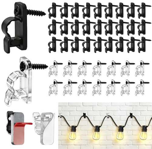 QanGHerti 50Pcs Outdoor String Light Hooks, 35 Black +15 Clear, Screw & Self-Adhesive Festoon Fairy Light Clips, Weatherproof Hanging Hooks for Fence, Gutter, Patio & Christmas Outdoor Decor