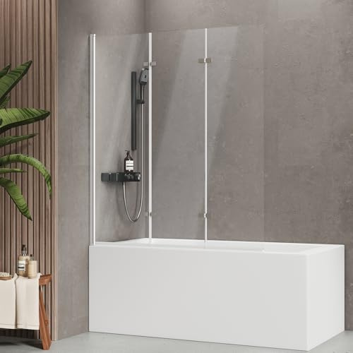 EMKE Faltbare Duschwand für Badewanne 120x140 cm, 3-teilig, 6 mm ESG Glas | 180° Schwenkbar, Hebe-Senk, Leicht zu Reinigen, Alurahmen, Badewannenaufsatz, Duschabtrennung, Platzsparend, Einfache Montage