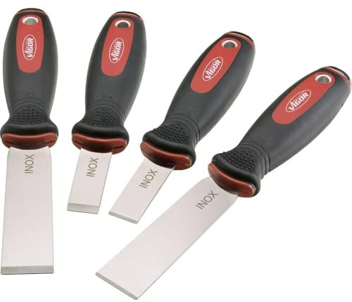 VIGOR Schaber-Satz, Edelstahl, V1283, 4-teilig, Schlagkappe, Schlagkappe | 621 g, 4-teilig, Schlagkappe, Klingen aus Edelstahl, Aufhängeloch, Schaber V2487 , V2488 , V2509 , V2508
