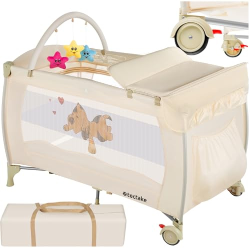 tectake® Cuna Bebe Plegable y Ajustable, Parque Infantil con Corralito y Bolsa de Transporte, Cama Infantil Portátil, Corral para Bebe - 132 x 75 x 104 cm Diseño Tigre Beige