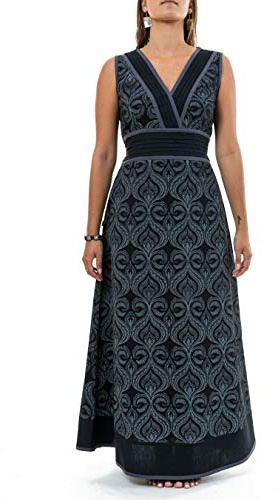 FANTAZIA Robe Longue Print Ethnic Chic Noir Gris Anissa - Taille S au XXXL Noir
