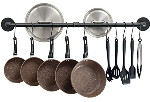 OROPY 38 inch Pot Bar Rack Wall Mounted Detachable Pans Hanging Rail Kitchen Lids Utensils Hanger with 14 S Hooks Black