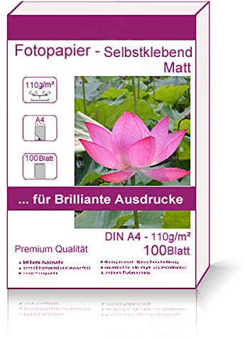 100 Blatt DIN A4-210x297 mm 110g/m² Fotopapier Selbstklebend Matt wasserfest Photopapier matte wasserfest photopaper photo paper 110 / m² 110g/qm DIN A4-210 x 297 mm 21 mm x 29,7 cm