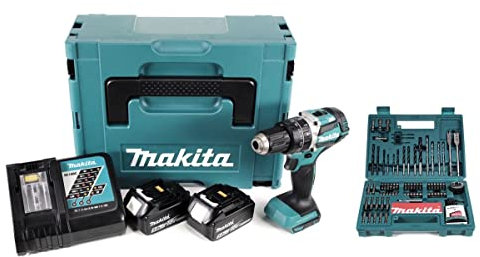 Makita DHP 484 RTJ Perceuse-visseuse à percussion sans fil Li-Ion 18 V en Makpac avec 2 batteries 5,0 Ah et chargeur, embout Makita B-53811 et jeu de forets 100 pièces