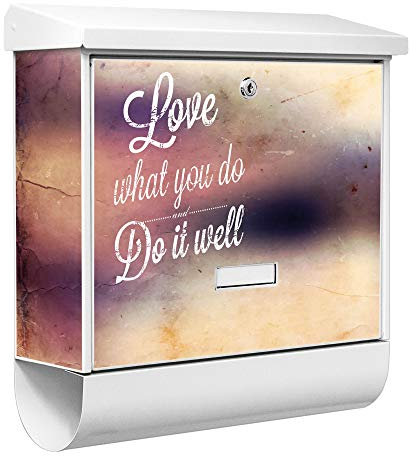 banjado® Burgwächter Briefkasten Weiß 38x39x12cm mit Motiv Love What You Do/Briefkasten mit Zeitungsfach/Briefkasten mit Zeitungsrolle/Postkasten inkl. Montagematerial & 2 Schlüsseln