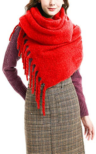 ASKSA Damen Schal Warm Pashminas Herbst Wintertagen Thicken Warm Quaste Winterschal Weiche übergroßer Schultertuch XL Schals Stola für Frauen (Rot)