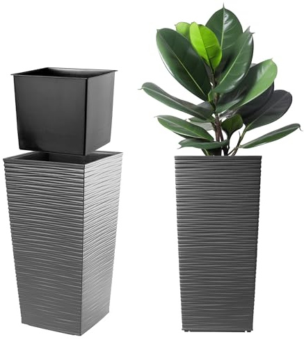 KADAX Pflanzkübel mit Innentopf, Höhe 57cm, 29x29cm, ca. 24L – Grafit, Frostsicherer Blumentopf für Innen & Außen, Garten, Balkon & Terrasse, UV-beständig, wetterfest