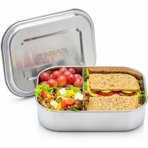 BREADL Edelstahl Brotdose, Feste Trennwand und 3 Fächer, Plastikfrei, Rostfrei, Spülmaschinengeeignet, Große 1400ml Lunchbox aus Metall für Jugendliche und Erwachsene