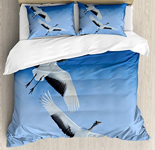 Ambesonne Bird Duvet Cover Set, 2 Red Crowned Crane with Open Wings Flying in Clear Sky Japanese Animal Duo, Decorative 3 Piece Bedding Set with 2 Pillow Shams, California King, Blue White Black