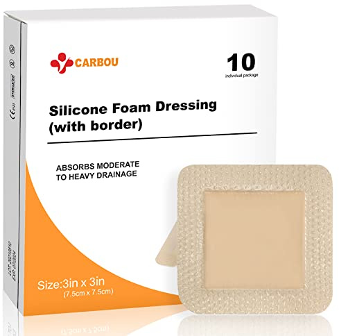 Carbou Silicone Foam Dressing with Gentle Border, 3x3, 10 Pack | Adhesive Waterproof Wound Dressing Bandage, High Absorbency Pad, Foam Bandage for Wound Care