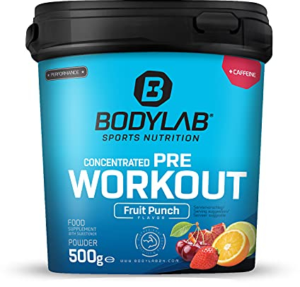 Bodylab24 Concentrated Pre Workout Fruchtmix 500g, enthält unter anderem Kreatin, Beta-Alanin, Arginin, Niacin und Koffein, bewährte All-In-One-Formel fürs Training
