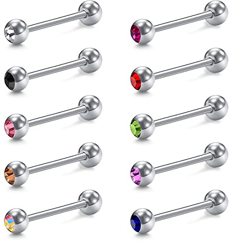 VCMART 10pcs Metal Tongue Bars 14G Surgical Steel 12-18mm Straight Barbells Set Piercing with Crystal