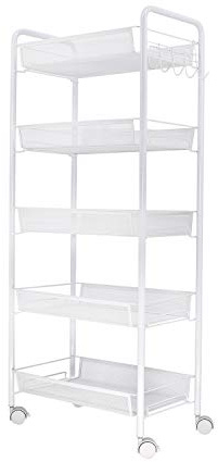 VR7 5 Tier Rolling Utility Storage Trolley Cart on Wheels Craft Toy Bedroom Kitchen Storage & Organisation Hostess Nappy Metal Trolley Laundry Bathroom Storage Unit Rack Organizer Shelve Easy Assemble