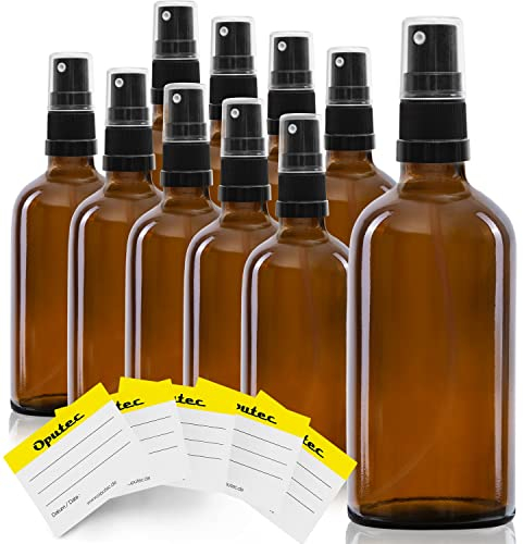 Oputec 10 x 100 ml Sprühflaschen aus Glas mit Zerstäuber + 10 Beschriftungs-Etiketten - Braunglasflaschen mit feinem Sprühkopf - Kleine Pumpspray-Flasche