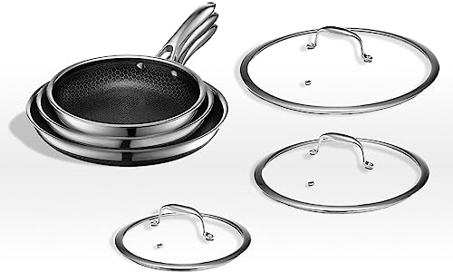 HexClad Hybrid Nonstick 6-Piece Fry Pan Set, 20 cm, 25 cm, and 30 cm Frying Pans with Tempered Glass Lids, Stay-Cool Handles, Dishwasher-Friendly, Induction Ready, Compatible with All Cooktops