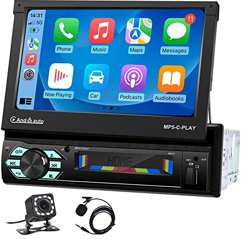 Autoradio 1 Din Apple Carplay mit Bildschirm Motorisiert Ausfahrbarem mit Android Auto Bluetooth, 7-Zoll Media Receiver Auto Radio Stereo mit UKW-Radio/Spiegel-Link + Rückfahrkamera und Mikrofon