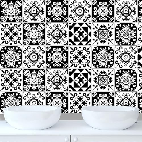 24pcs Moroccan Tile Stickers 15x15cm Bathroom Black and white Tile Stickers For Kitchen Bathroom Living Room Fireplace Stairs Home Waterproof Stickers For Tile Peel And Stick Tile Decals 6x6