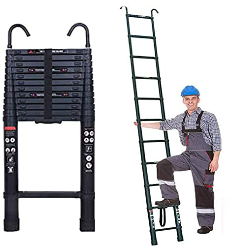 Scala telescopica in alluminio, 6,2 m, con 2 ganci, forte e robusta, antiscivolo, portata 150 kg, EN131, colore nero
