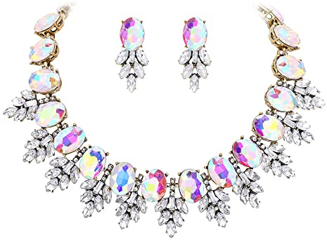 EVER FAITH Statement-Schmuck-Set Vintage Kristall Marquise Oval Strass Choker Anhänger Halskette Ohrringe Set für Damen Kostüm Schillernd AB Antik Gold-Ton