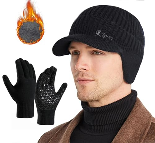 Rayson Wintermütze Herren mit Ohrenklappen Hut Handschuhe Set | 2 Stück, Mütze aus Strick,Touchscreen Fahrhandschuhe,für Winter
