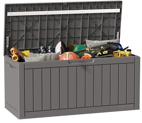 EAST OAK Outdoor Storage Box, 90 Gallon Deck Box, Waterproof Resin Storage Bin for Patio Cushions, Gardening Tools, Lockable, UV Resistant, Grey