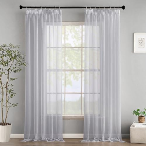 Woaboy Gardinen mit Kräuselband Voile Wohnzimmer 2er Set 140x225 cm Grau | Vorhänge Transparent Sheer Curtains Stores Gardine Schlafzimmer Modern Schlaufengardinen