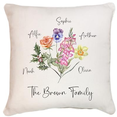 Pomchick - Personalised Birth Flowers Cushion with Names Family Christmas gift for a mum dad friend best friends auntie Xmas Birthday pillow present