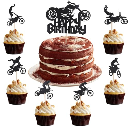 ALEGRE Motorrad Tortendeko Geburtstag,13 Stück Happy Birthday Cake Topper Schwarz,Motorrad Deko Kuchen,Glitzer Motorrad Tortenaufsatz,Motorrad Kuchen Topper für Männer Jungen Geburtstag