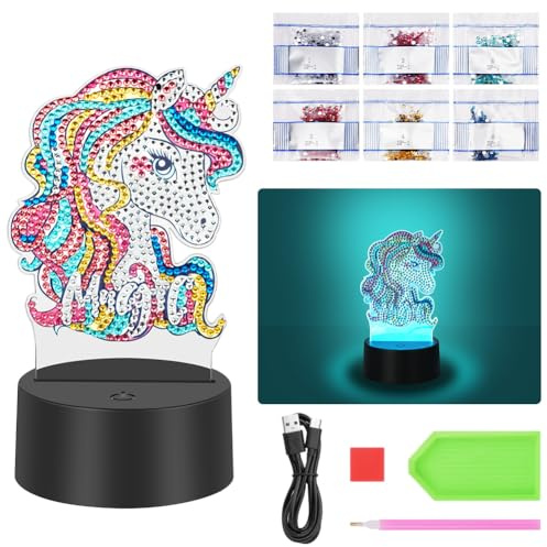AUAUY Diamantmålning, nattlampskit, 5D diamantmålning, 7 justerbara färger, gör-det-själv-enhörning, konsthantverk, LED-nattlampa för heminredning, jul och födelsedagspresenter