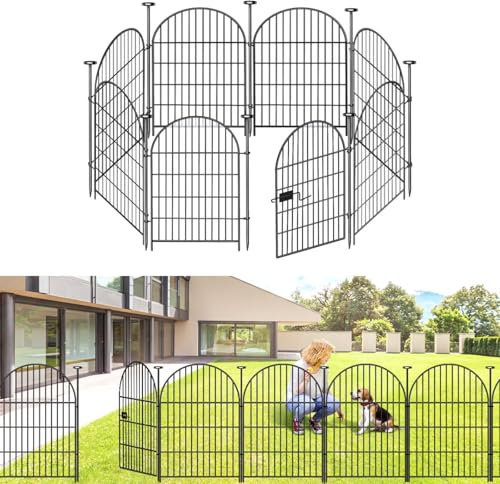ADAVIN Garden Fence Animal Barrier with Gate 32 in(H)×17.5 Ft(L) 8 Panels,Rustproof Metal Wire Tall Fencing Border for Dogs Rabbits,Outdoor no dig pet Fences,Black Flower Edging for Yard,Arched