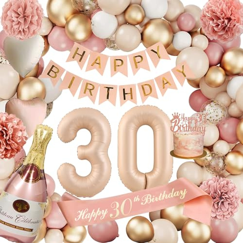 Deko 30 Geburtstag Frauen, Geburtstagsdeko, Zahlen Luftballon 30.Geburtstag | 30 Retro Rosa Ballon Girlande mit Girlande, Champagner Ballon, Seidenpapier Pompons für Frau Party Deko