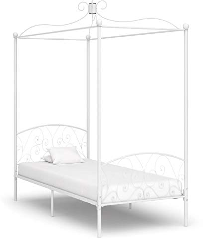 Gecheer Letto a Baldacchino in Metallo, con Struttura Superiore per Tenda o Zanzariera, Bianco, 90x200 cm, Metallo e Compensato, per Camera da Letto