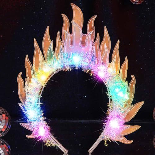 Reaky Leuchtende Stirnbänder, leuchtendes Flammen-Haarband, LED-Glitzer-Lametta-Haarreifen, Konzert-, Musik-, Festival-, Rave-Kostüm, Kopfbedeckung, Haar-Accessoires für Frauen