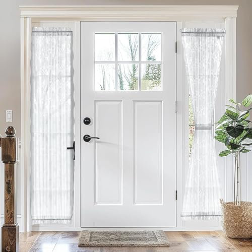 TUDECO Weiße Spitzenvorhänge für Tür und Fenster, Boho-Vorhänge, durchscheinend, Blumenmuster, französische Türvorhänge, 2er-Set, lichtfilternd, Privatsphäre, Terrassentürvorhang mit 2 Raffhaltern,