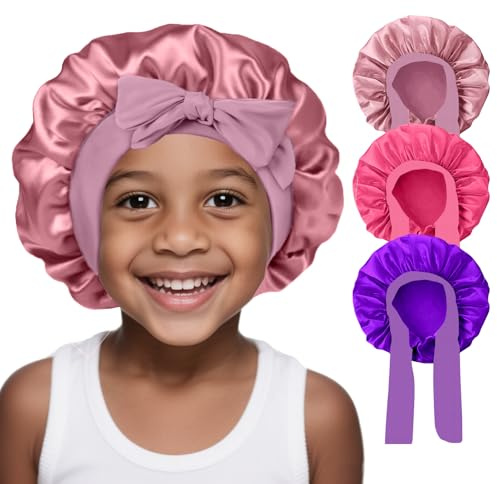 3 Pcs Kids Silk Bonnet for Sleeping - Baby Satin Bonnet for Sleeping,Kids Hair Bonnets for Curly Hair Girls Boys with Wide Elastic Band,Sleeping Cap for Teens Toddler Child (Rose Gold+Hotpink+Purple)