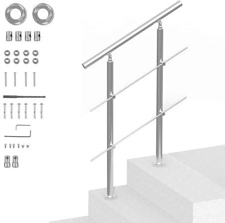 VEVOR Corrimano per Gradini Esterni, Kit Corrimano per Scale 2 Traverse 80 cm Lunghezza, Ringhiere Transizione Acciaio Inox Kit Installazione, Corrimano Scale Doppia Colonna per Veranda e Terrazza