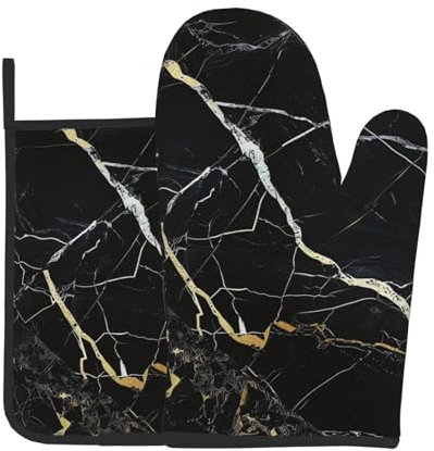 Ofenhandschuhe und Topflappen mit Marmor-Motiv, hitzebeständig, Küchenhandschuhe, Topflappen zum Kochen, Backen, Grillen, Schwarz, 2 Stück