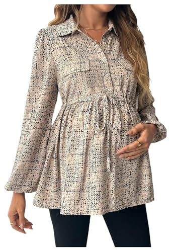 MakeMeChic Women's Maternity Blouse Long Sleeve Belted Button Down Casual Pregnancy Blouse Tops Khaki a Medium