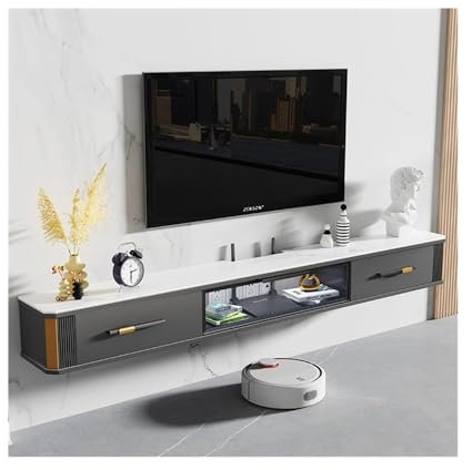 TV Schrank Hängend Schwebende TV-Einheit unter dem Fernseher mit großem Stauraum, moderne, luxuriöse schwebende Medienkonsole mit herunterklappbarer Glastür und Rock Plate-Desktop, 4 Farben TV Lowboar