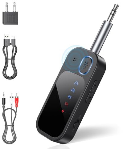 Adaptador Bluetooth 5.4 para Avión, Transmisor Bluetooth 2 en 1, Receptor para 2 Auriculares, Transmisor AUX Jack de 3,5 mm, Compatible con Tarjeta TF, Divisor Blue-Tooth para TV, Tabletas y Equipo