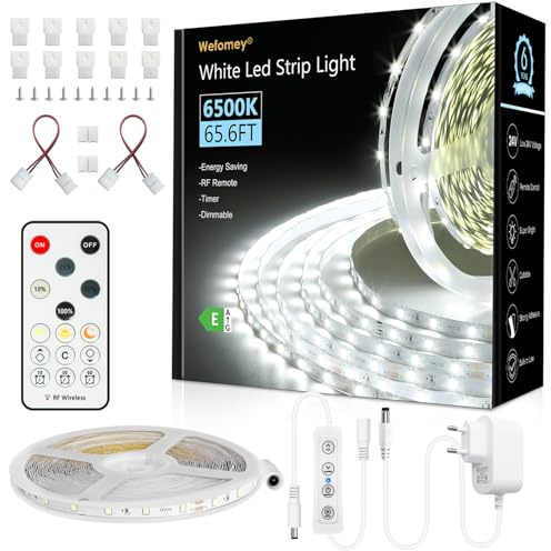 LED Strip 20M Kaltweiß, LED Streifen Kaltweiss 6500K Dimmbar, 24V Selbstklebend Weiß Flexible DIY Leiste, 960 LEDs Superhell LED Lichtband mit Netzteil Fernbedienung für Innen Küche Treppe Deko