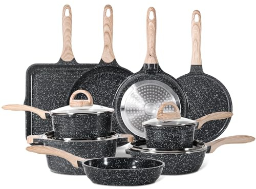 JEETEE Batterie de Cuisine 24 Pcs, Céramique-Antiadhésif Sets de Poêles et Casseroles, Parfait comme cadeau pour une nouvelle maison, Convient à Tous les Fourneau, Sans PFOA/PFOS, Gris