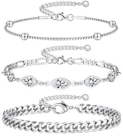 FIOROYAL 3 st damarmband silver 925 set, justerbar stickad charm CZ silver guld för kvinnor flickor smycken gåva kvinnor, Koppar