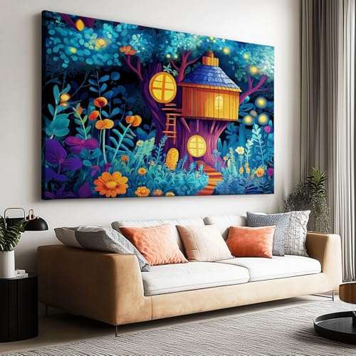 Générique Poster capanna in un albero della foresta dei sogni, tela dipinta arte, verde dipinti senza cornice decorazione da parete, per soggiorno camera da letto, quadro decorativo, 120 x 80 cm