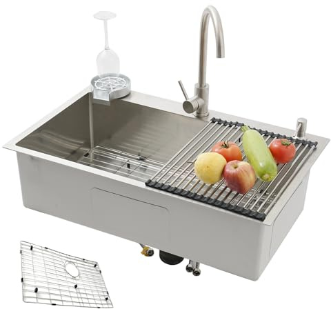 KOOGIMDDR Fregadero de cocina multifunción de acero inoxidable SUS304 70x50 hecho a mano, con rejilla de desagüe, fregadero de cocina grande de una cubeta, con grifo y varios accesorios