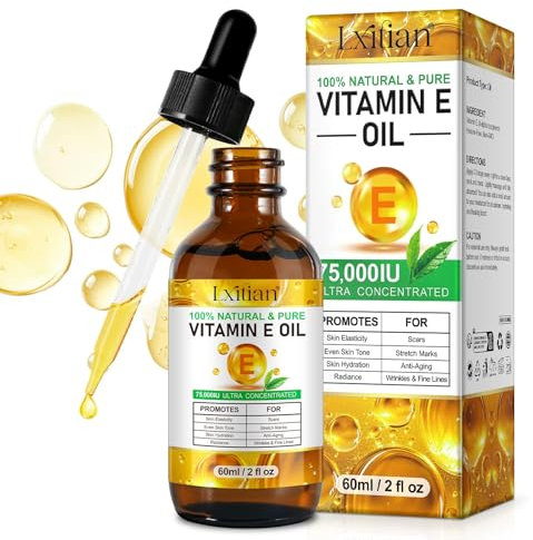 Vitamin E Oil for Skin, Face, Cuticles, 75,000 IU, 100% Organic Pure Natural Vitamin E Oil for Scars & Stretch Marks, Moisturizing Dry Skin & Winkles, Firming, Repairs & Protects, Non-Greasy, 2 Fl Oz