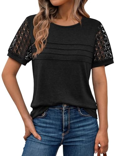 Suncife Blusa de encaje para mujer, manga corta, elegante, para verano, casual de negocios, camiseta, Negro, M